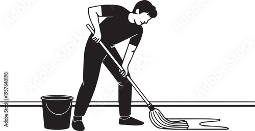 Young worker mopping floor with water bucket in black and white minimalist style representing cleaning service professional at indoor space