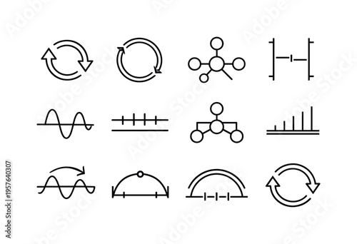 Line style vector icons of informational signs: sync arc, sync ring, feedback node, interval contour, amplitude line, interval