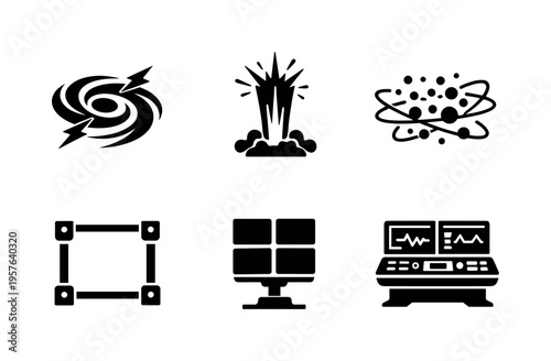 Cosmic Plasma Elements. Solid vector icons of visible-universe plasma elements: ion storm swirl, high-energy radiance plume,