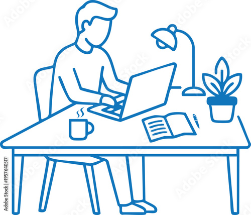 Minimalist line art illustration of a professional working on a laptop in a modern office desk