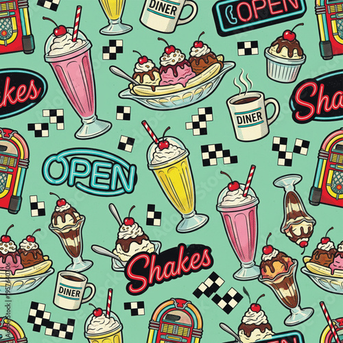 A fun and nostalgic 1950s American diner seamless pattern. This vibrant illustration is perfect for retro-themed menus, wallpaper, or fabric. Vector illustration