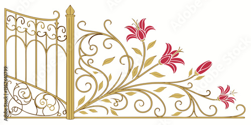Elegant golden wrought iron gate with red floral motifs, vector