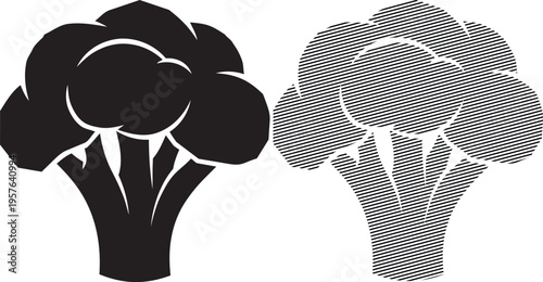 Comparison of solid and patterned broccoli representations in black and white graphics