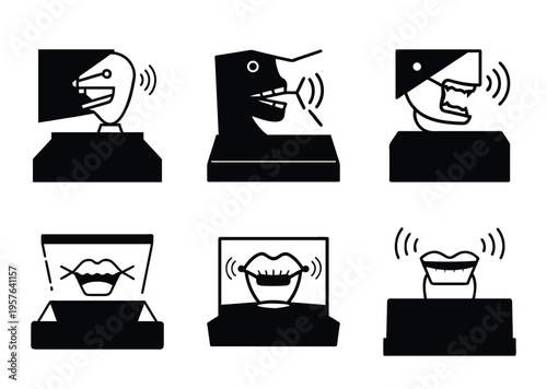Illustrations of automated talking heads with sound waves emanating from their mouths