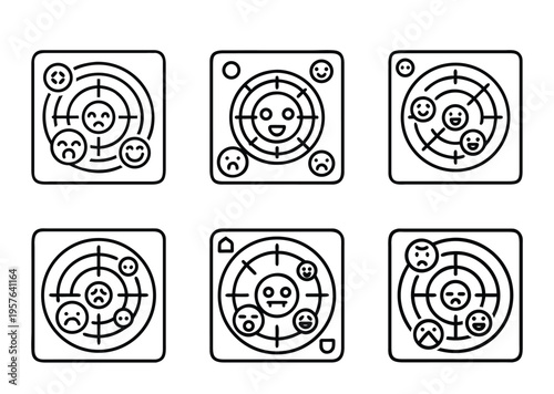 Illustration of mood targeting concept with different emotion icons on target