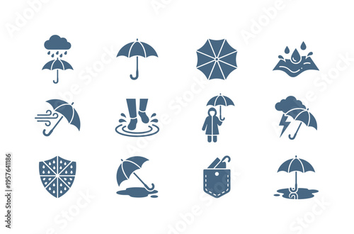 Rain shower cloud over parasol canopy, curved handle umbrella closed, top down view brolly circle, water droplets hitting fabric,