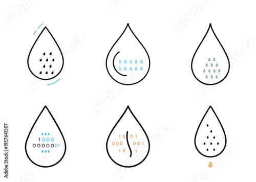 Variations of water drop icons each filled with different symbolic elements