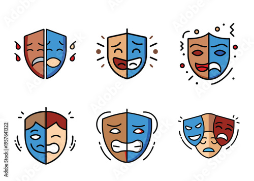 Variety of Cartoon Theatre Masks with different Emotions and color schemes