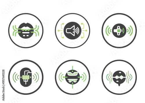 Vector Icons representing Speech, Sound and Hearing within Circles in modern design