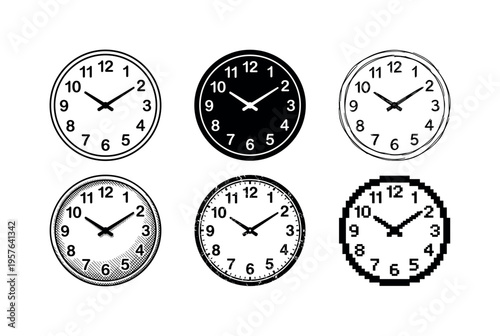 Collection of six different analog clocks showing various styles and artistic representations