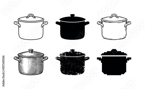 Collection of six different cooking pots and pans in various artistic styles