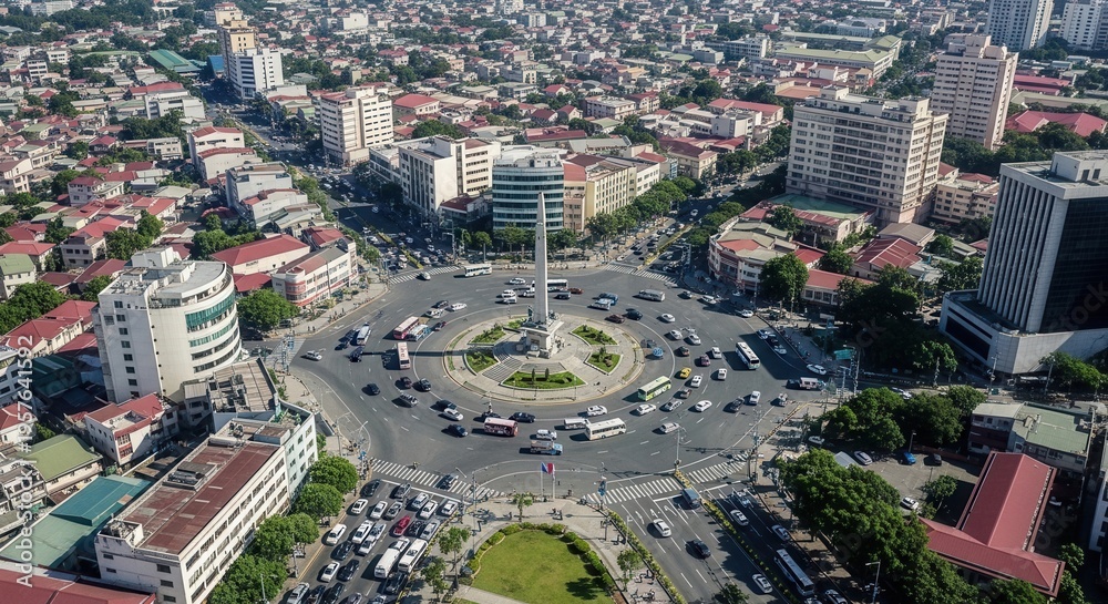 Naklejka premium Bustling Cityscape With Monument And Traffic In A Circular Intersection