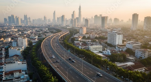 Bustling Cityscape With Elevated Highway And Towering Skyscrapers At Sunrise