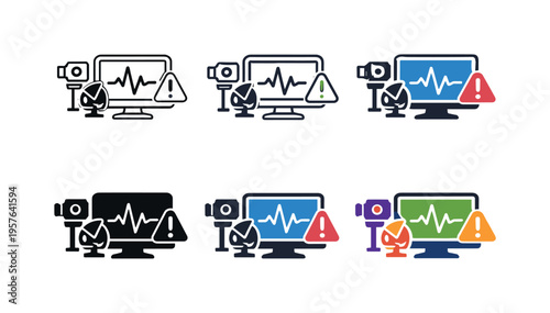 Set of icons representing real-time monitoring with alerts and data analysis