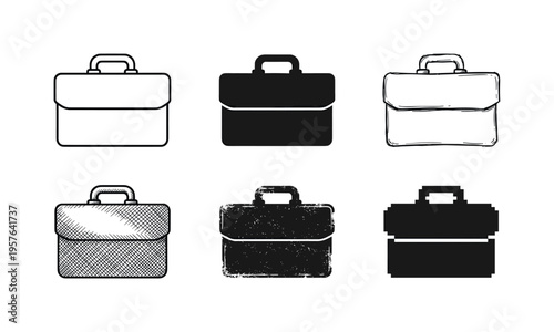Collection of diverse briefcase icons in various artistic styles and textures for business
