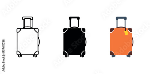 Set of three luggage icons: outline, solid black, and colored with tag