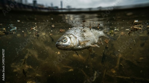 Dead fish floating in polluted dark water. Industrial waste contaminating lake ecosystem and harming wildlife. Environmental disaster, water crisis, and ecological catastrophe concept.
