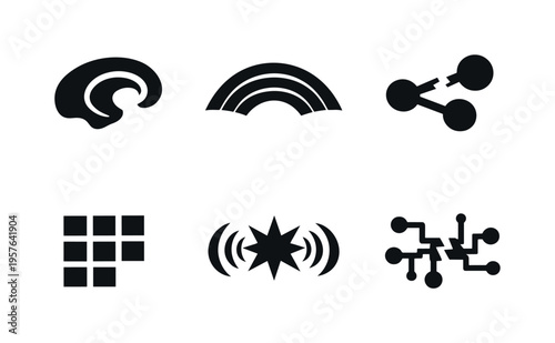 Hippocampal Communication Icons. Solid style icons of hippocampal–cortical communication errors: hippocampus outline (abstract),