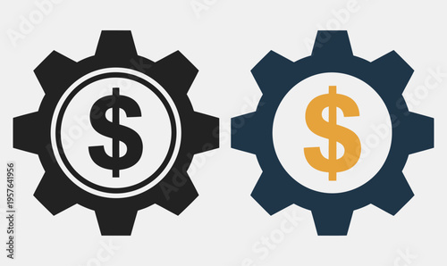 A modern and clean business icon silhouette of a gear with a dollar sign inside, representing business operations and profitability, high-quality vector style, blue gear with dollar symbol, minimal co