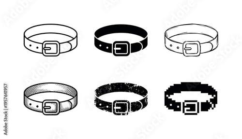 Collection of six different belt icons with buckles and various artistic styles