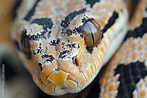 a close up macro photograph of a cobra reveals detailed scales, intense eyes, and the powerful presence of a dangerous reptile