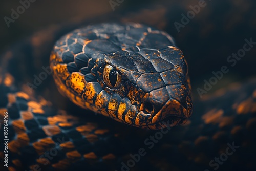 a close up macro photograph of a cobra reveals detailed scales, intense eyes, and the powerful presence of a dangerous reptile