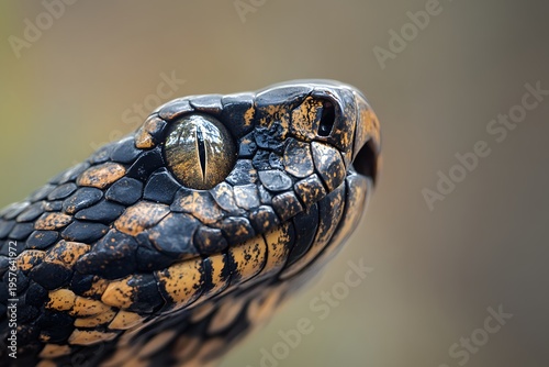 a close up macro photograph of a cobra reveals detailed scales, intense eyes, and the powerful presence of a dangerous reptile
