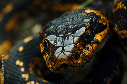 a close up macro photograph of a cobra reveals detailed scales, intense eyes, and the powerful presence of a dangerous reptile