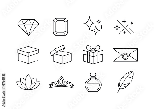 Line style icons of accessible luxury: diamond, gem, sparkle, shine; simple box, clean package, neat wrap, seal; elegance, taste,