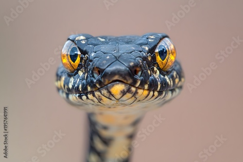 a close up macro photograph of a cobra reveals detailed scales, intense eyes, and the powerful presence of a dangerous reptile