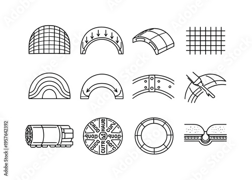 Line style vector icons of tunnel engineering: cross-section grid, load-distribution arc, structural rib tile, reinforcement mesh