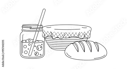 Minimalist Illustration Featuring a Fermenting Starter Jar, Proofing Basket with Cloth Cover, and Freshly Baked Loaf for Artisanal Bakery Branding and Menus.