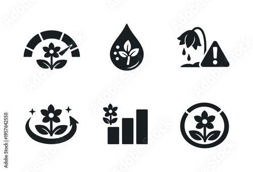 Solid style icons of analytics-based flower health: vitality meter, engagement nutrient droplet, decay-risk marker, regeneration