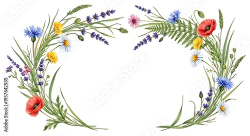 Watercolor floral wreath with poppies, cornflowers, and lavender on white background
