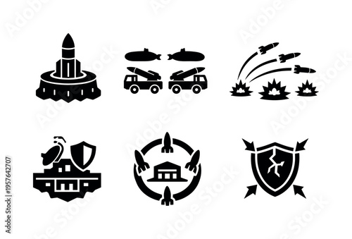 Solid style icons of second-strike capability: hardened silo icon, survivable arsenal node, retaliatory arc, protected command