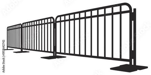 A row of black metal barricades standing in a straight line on a flat surface, minimal vector illustration, security and crowd control concept, isolated on white background for construction, events, a