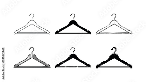 Collection of six different styles of clothing hangers on a white background