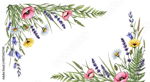 Watercolor floral corner border of wild flowers and green leaves