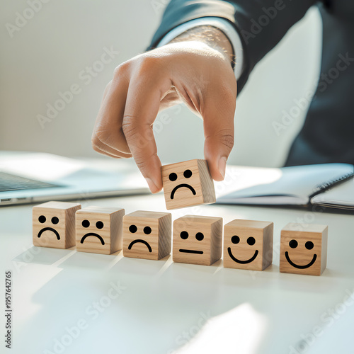Hand choosing wooden emotion blocks with different faces to represent decision making, customer satisfaction, and sentiment selection