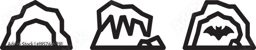 Cave Icon Set Of Three Featuring Rocky Entrance, Stalactites, And Bat In Outline Vector Style