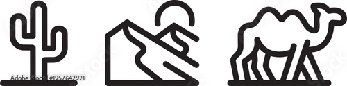 Line Art Icons Of Desert Cactus, Mountains, And Camel Under A Sun