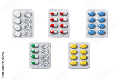 Five different medicine blister packs featuring various pills and