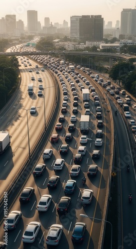 Bustling Urban Highway During Golden Hour Traffic Jam