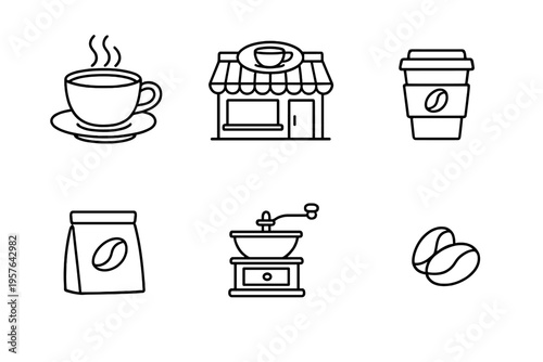 A collection of six minimalist line art icons related to coffee