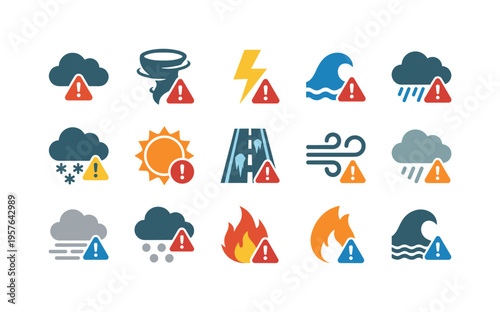 Storm cloud with warning triangle, tornado funnel with exclamation mark, lightning bolt over alert badge, flood wave with caution