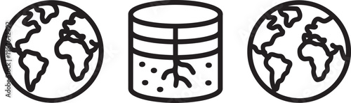 Outline Set Of Two Planet Earth Icons Flanking A Soil Layer Icon With Roots