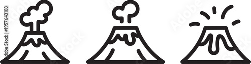 Set Of Three Line Art Volcanoes Showing Different Eruption Stages And Smoke