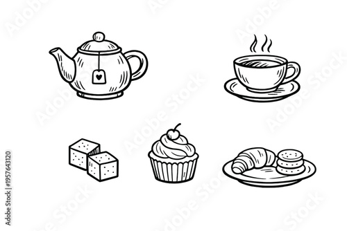 Black and white line art illustration of tea time elements including