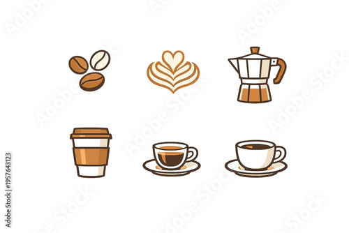 A collection of six coffee-themed vector icons featuring coffee