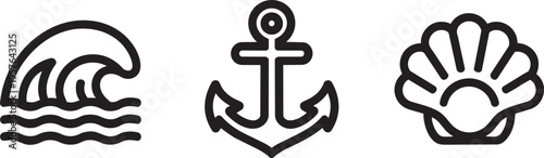 Set Of Three Nautical Line Art Icons: Wave, Anchor, And Shell